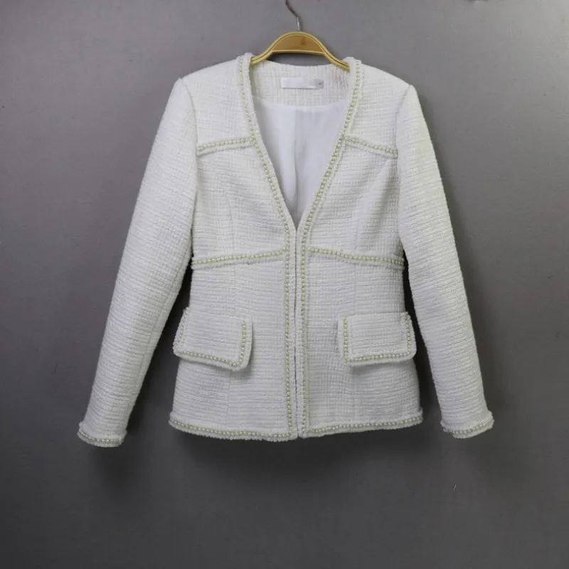 Women Sexy V Neck Tweed Jacket Pearls Bead White Coat Shors Two Piece Set Office Lady Party Ensemble Slim Fit Formal Outfits