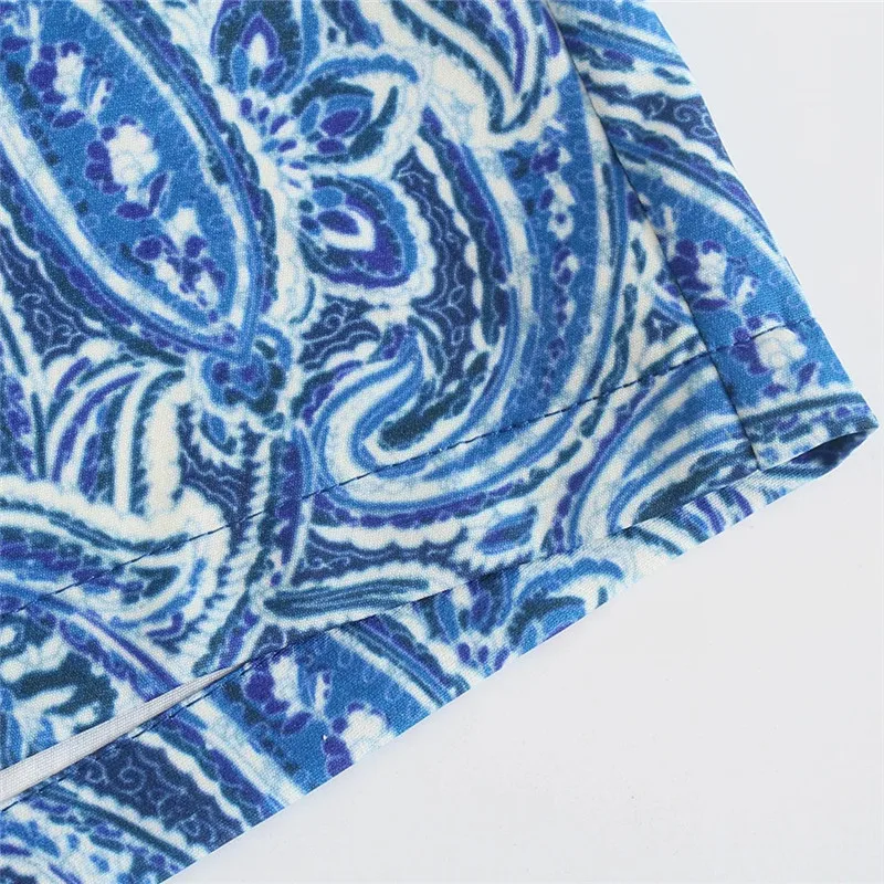 

NWOMN Za Shorts Women Vintage Print Blue High Waist Shorts Female Summer Fashion 2021 Side Zip Wide Leg Casual Short Pants