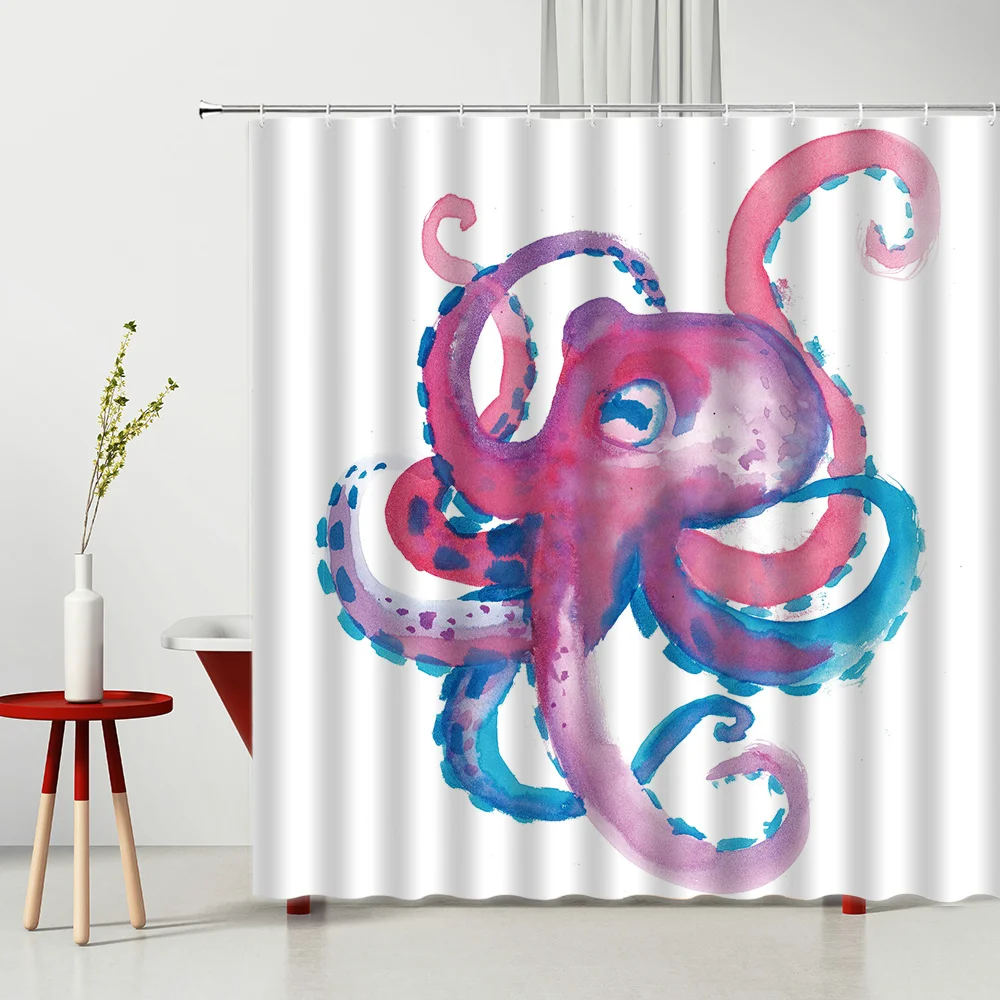 

Shower Curtain Marine Life Octopus Pattern Waterproof Polyester Fabric Home Decor Cloth Curtain With Hooks Multiple Size