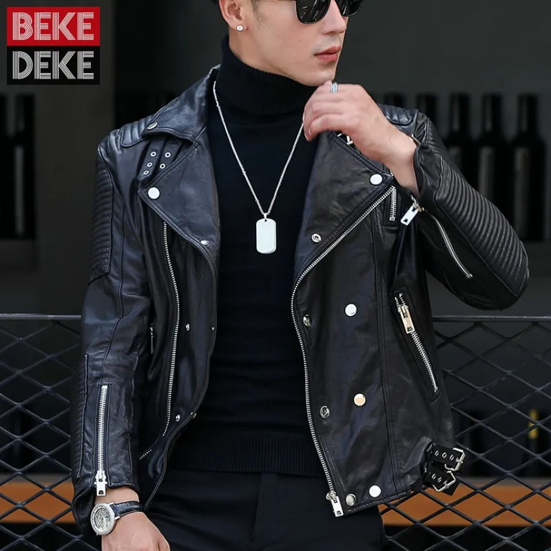 

Роскошная Байкерская мужская куртка из овечьей кожи, Мужская облегающая короткая куртка на молнии, модная верхняя одежда в стиле панк на осень и зиму
