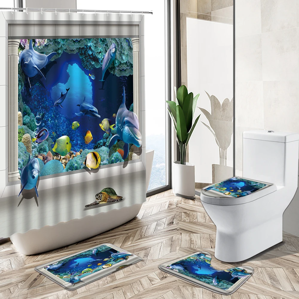 Comprare 3D Ocean Design Dolphin Tessuto Impermeabile Bagno Tenda Da Doccia Set Animale Balena Antiscivolo Piedistallo Tappeto Copriwater Home Deco