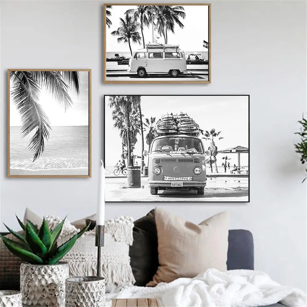 

Summer Scenery Wall Art Poster Coconut Tree Plant Art Prints Car Beach Canvas Painting Black and White Picture Modern Home Decor