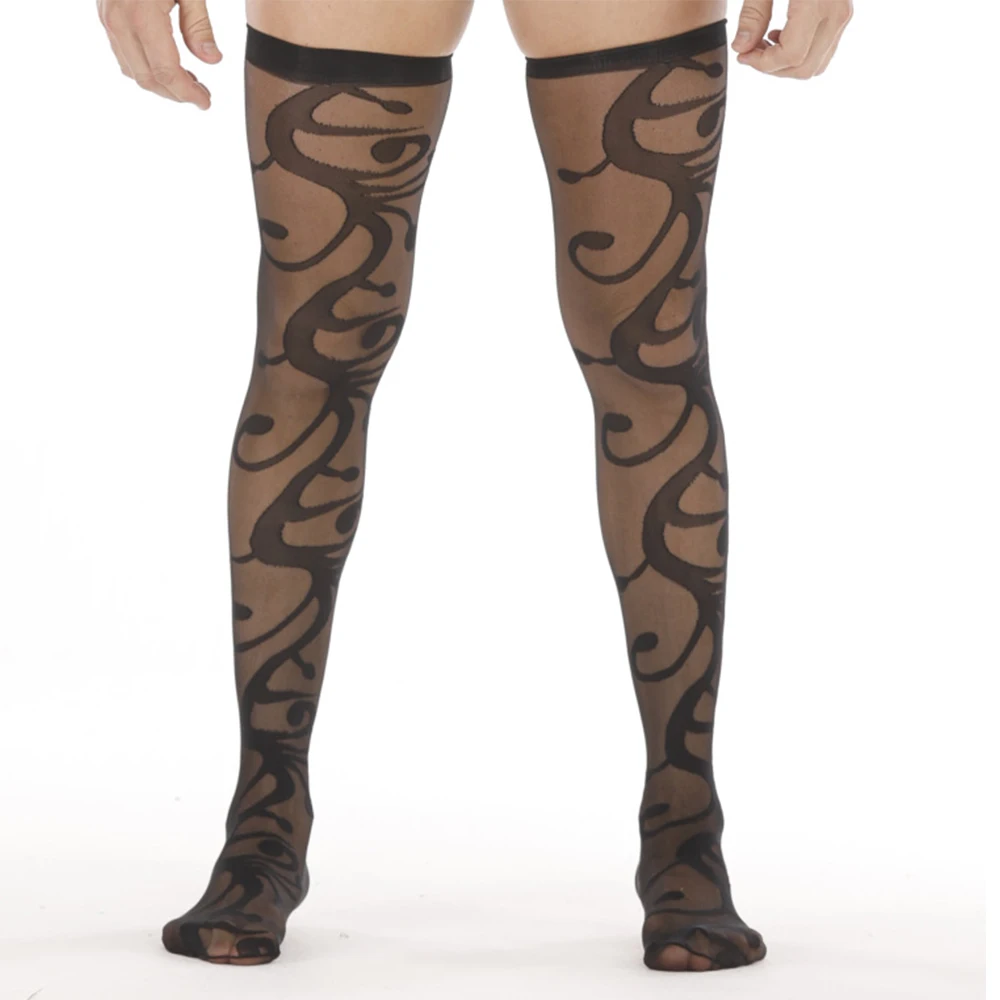 

Retro print embroidered stockings male lace top striped stockings charming transparent thigh high tube stockings sexy underwear