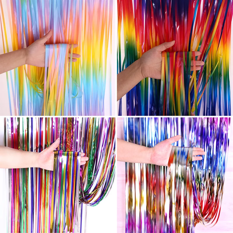 

Safety Party Laser Curtain 1*2M Rainbow Tinsel Decoration Curtain Foil Fringe Curtain Backdrop Decoration Glitter Curtain