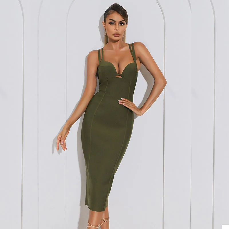

Bevenccel 2021 New Elegant Straps Bodycon Midi Sexy Bandage Dress Women V Neck Sleeveless Split Celebrity Evening Party Dresses