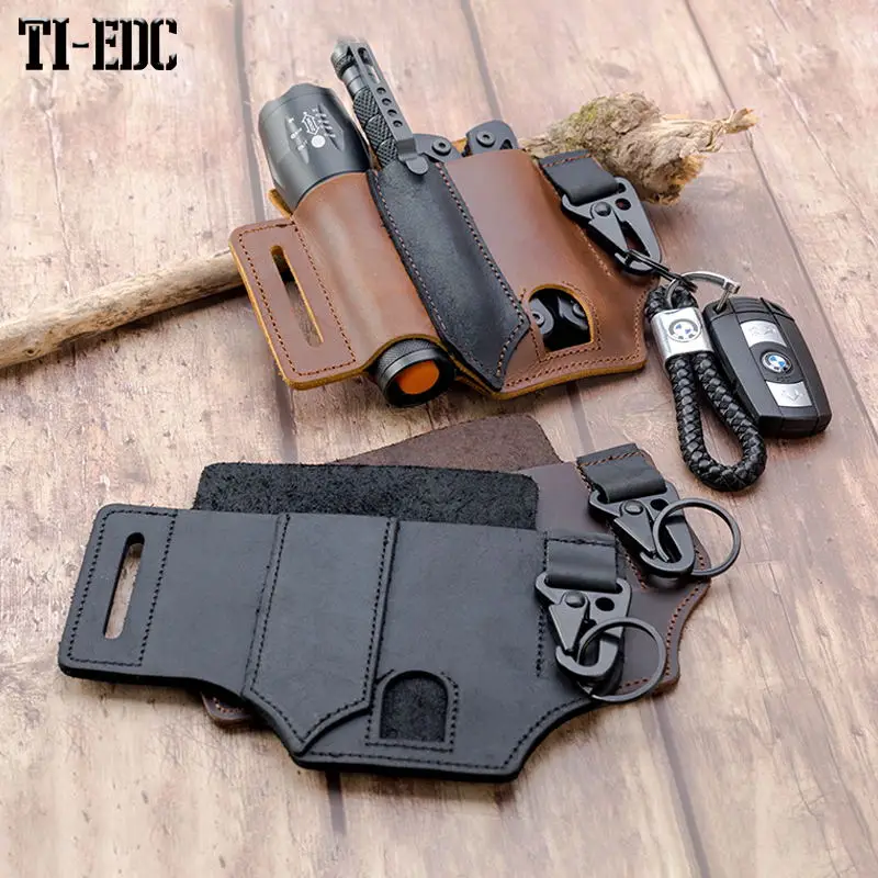 

EDC Leather Sheath, Knife Belt Sheath/Leather Flashlight Holster/for Multitools Sheath, Handmade 3 Pockets Organizer Sheath fo