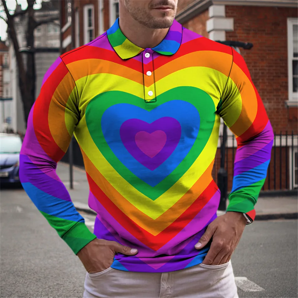 

Spring Autumn Men's Fashion Polo Shirts Colorful Vortex Love Heart Leporard Print Homme Clothes Male Turn Down Collar Tops S-6XL