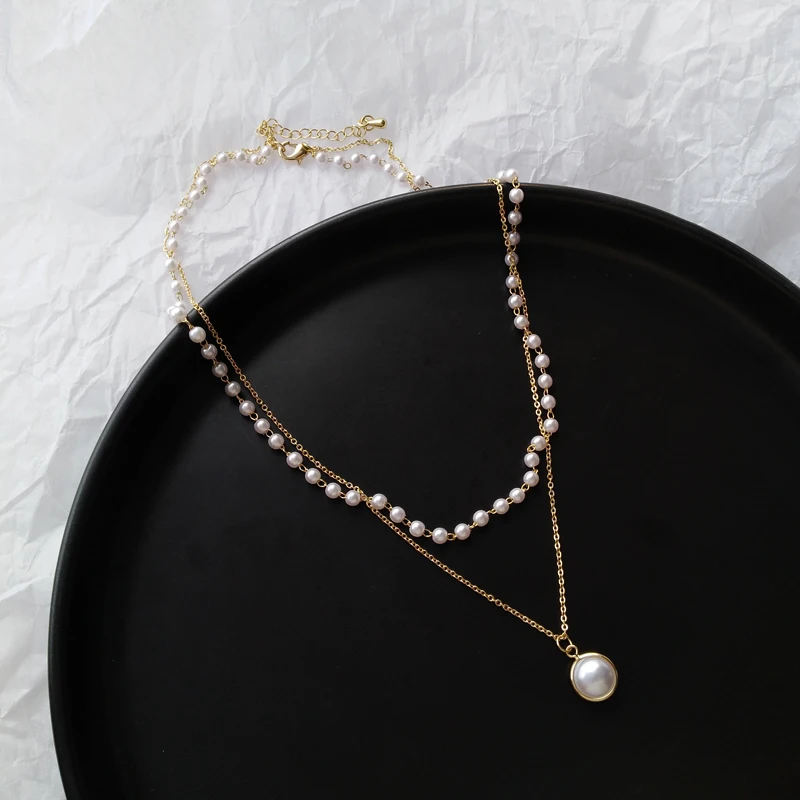 

Vintage Double Layer Chain Gold Choker Necklace Women Korean Style Pearl Pendant Necklace Bohemia Fashion New Jewelry Collar