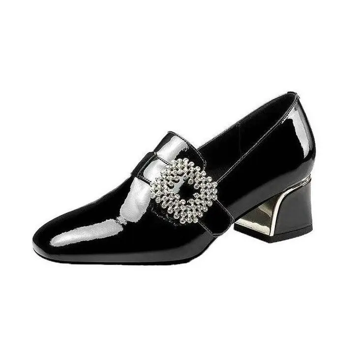 

2020 plus size one-pedal small leather shoes ladies all-match mid-heel thick-heel square toe single shoes spring