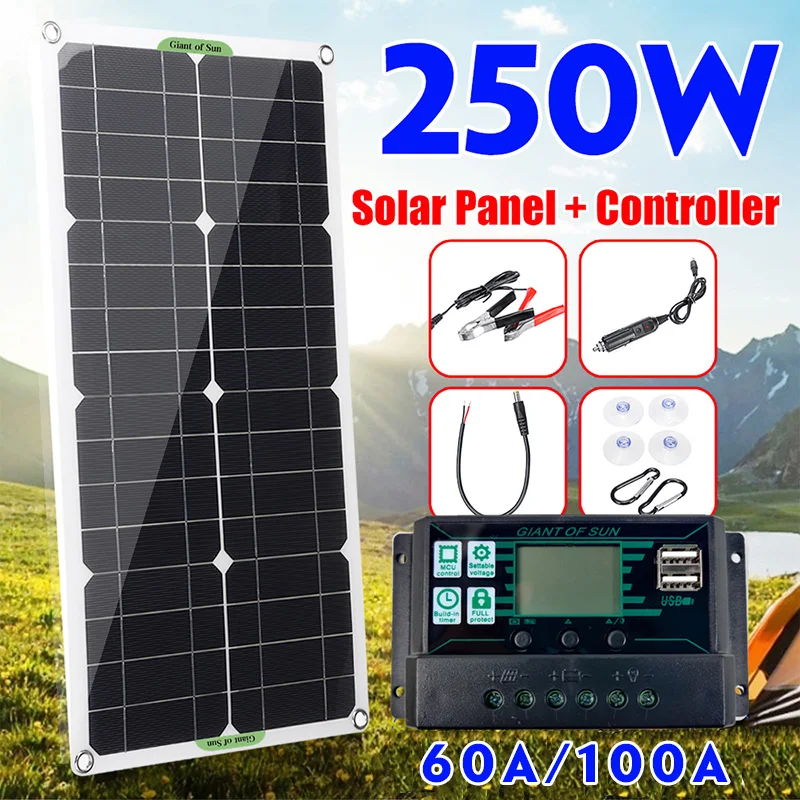 250 واط مجموعة اللوحة الشمسية كاملة المزدوج 12/5 فولت تيار مستمر USB مع 60A/100A جهاز تحكم يعمل بالطاقة الشمسية الخلايا الشمسية للسيارة يخت RV شاحن بطا...