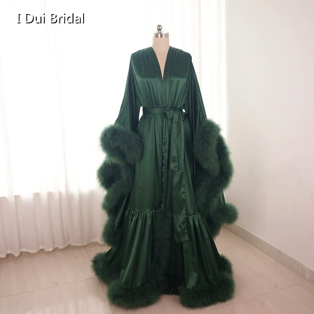 Satin Feather Robe Dark Green Long Sleeve Floor Length Birthday Party Dress