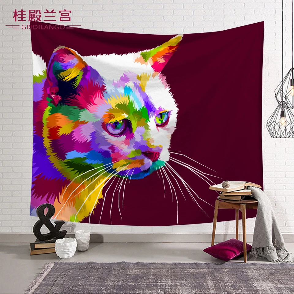 GRIDILANGO Customized Colorful Animals Painting Tapestry Wall Hanging Cat Dog Leopard Bed Sheet Table Cloth Home Decor Dropship | Дом и сад