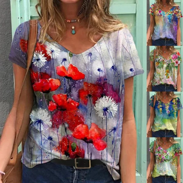 

Women's Floral Printed V-Neck T-Shirt Summer Fashion Plus Size Short Sleeved Casual Loose Ladies Tops S-5XL