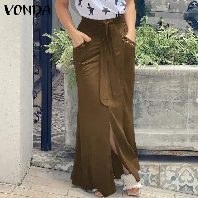 

Party Skirts 2021 VONDA Women Long Skirt Faldas De Mujer High Waist Front Slit Solid Skirts Oversized Streetwears Femme Oversize