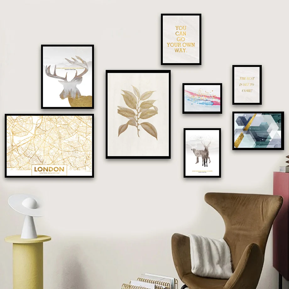 

Golden Leaf Abstract Animal Deer Map Fluid Art Wall Canvas Painting Nordic Poster And Prints Wall Pictures For Living Room Decor