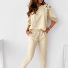 Повседневные осенние женские комплекты, свитшот с оборками на рукавах, брюки-карандаш, хлопковый Однотонный женский костюм, весна 2021, уличный женский элегантный комплект