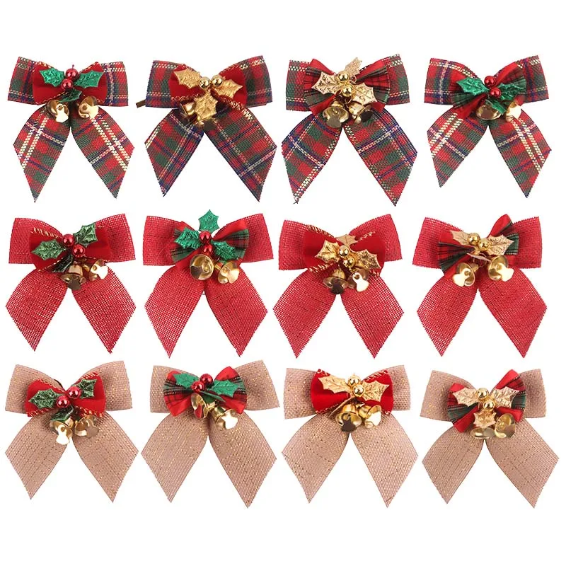 8*8cm Christmas Bow With Mini Bells Christmas Tree Grid Bowknot Ornament for Xmas New Year Party DIY Gift Wrapping Decoration 8z