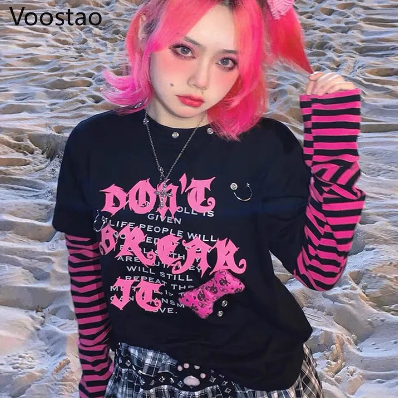 

Japanese Gothic Fake Two Pieces T-Shirts Women Chic Punk Y2K Black Striped Graphic Tees Girly Harajuku Streetwear Clothes Tops