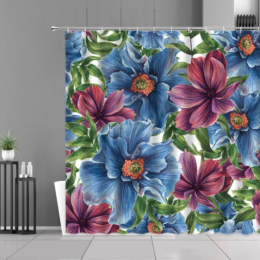 

Шторы для душа с цветами, водонепроницаемые занавески из полиэстера, с принтом весенних цветов, растений, для ванной комнаты, ванной комнаты