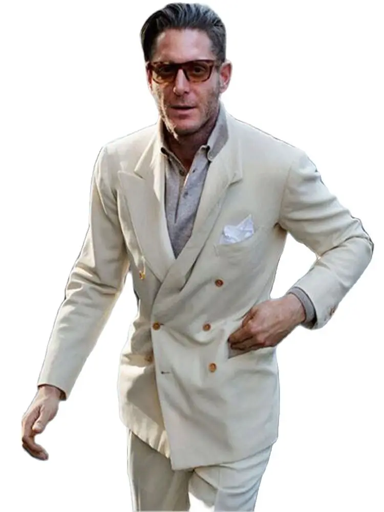 

Мужской пиджак и брюки, кремово-бежевый двубортный смокинг, приталенный силуэт, костюм из 2 предметов, повседневный Блейзер и брюки