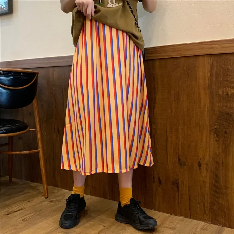 

HziriP 2020 New Spring Striped Loose Leisure A-Line All Match High Waist Casual Students Fresh Streetwear Geometric Long Skirts