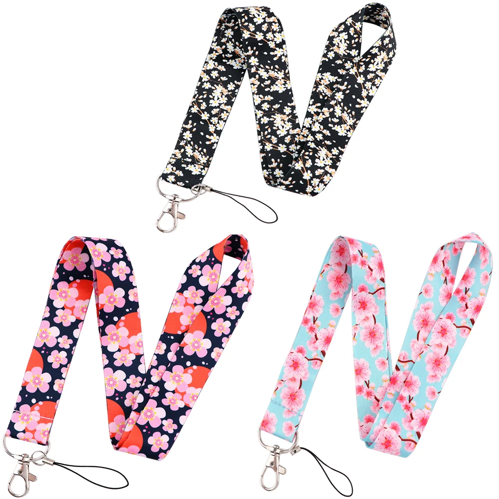 

Cartoon Cute White Pink Flowers Print Keychain Mobile Phone Lanyard For Keys Neck Straps ID Badge Holder Keycord Webbing Ribbon