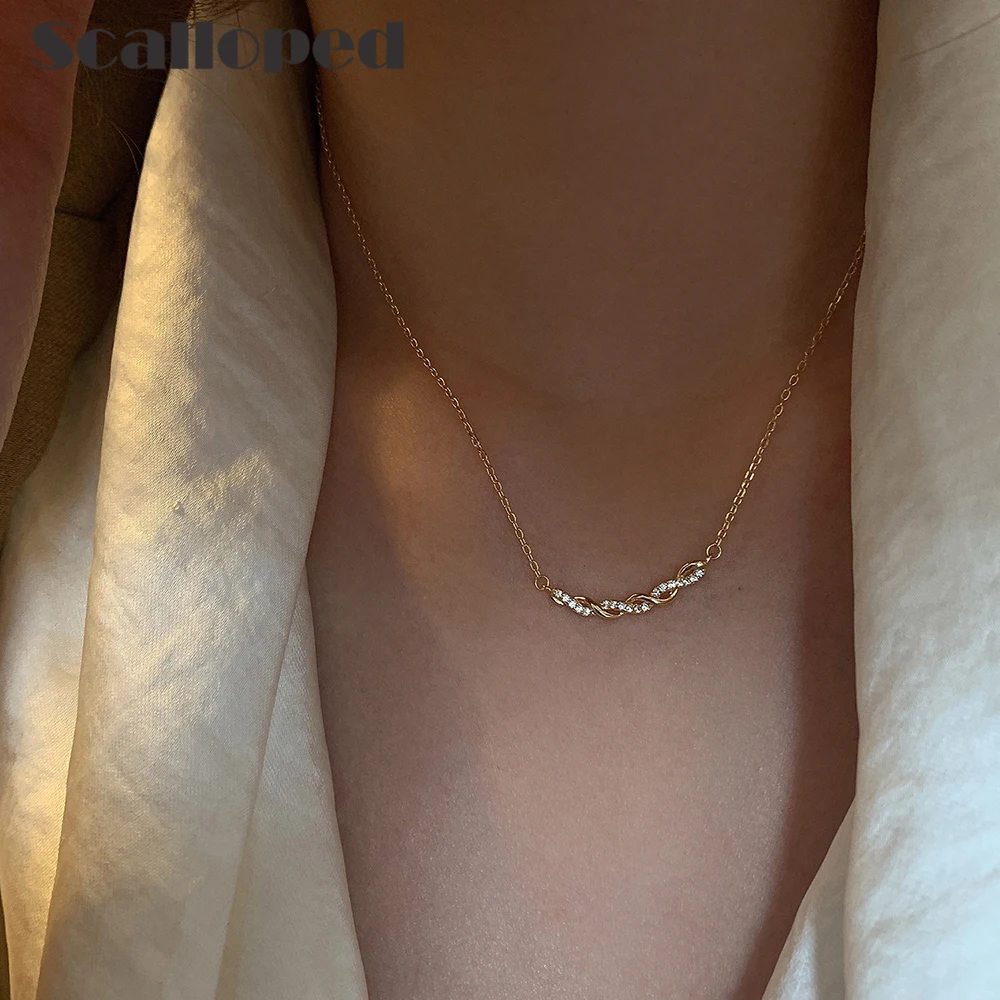 

Scalloped Trendy Twist Winding Zircon Necklace For Women 2021 New Gold Clavicle Chain Statement Jewelry Bijoux Femme