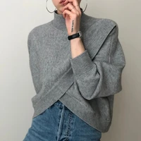 korean hidden design half high collar cross irregular loose solid color pullover long sleeve knitted sweater women