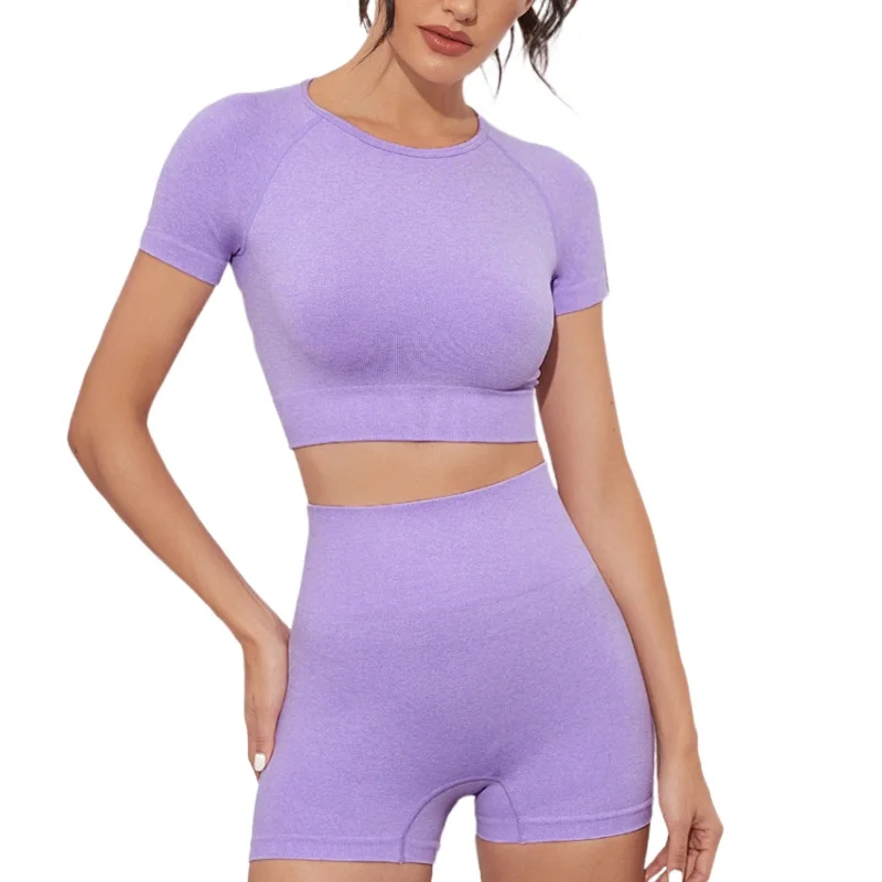 

Бесшовные Спортивный комплект из 2 предметов, набор для йоги Высокая Талия ходовые шорты йоги короткий рукав Топ Фитнес спортивной костюм Д...