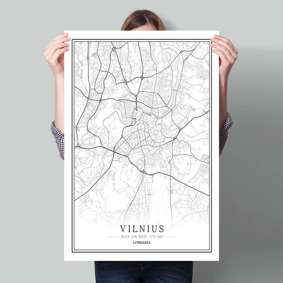 Литовский черный белый мир Карта города плакат Скандинавская гостиная Vilnius ROKISKIS