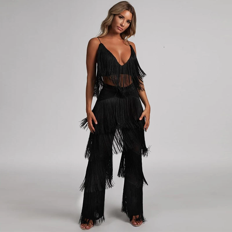 Black Set Модный сексуальный комплект одежды для ночного клуба с кисточками, однотонные красные женские укороченные топы на молнии сзади+ брюки с бахромой, комплект из 2 предметов - Цвет: Black Set