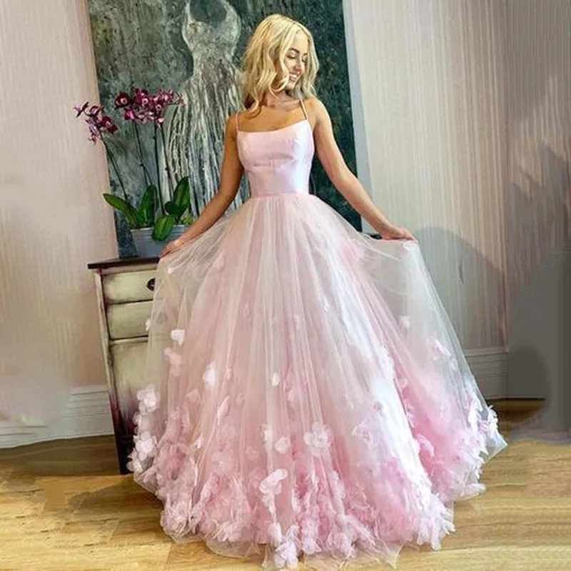 

Boat Neck Elegant Pink Sweet Tulle Spaghetti Straps 3D Flowers Lace Tulle Ball Gown Evening Dress Women Formal Party Gowns