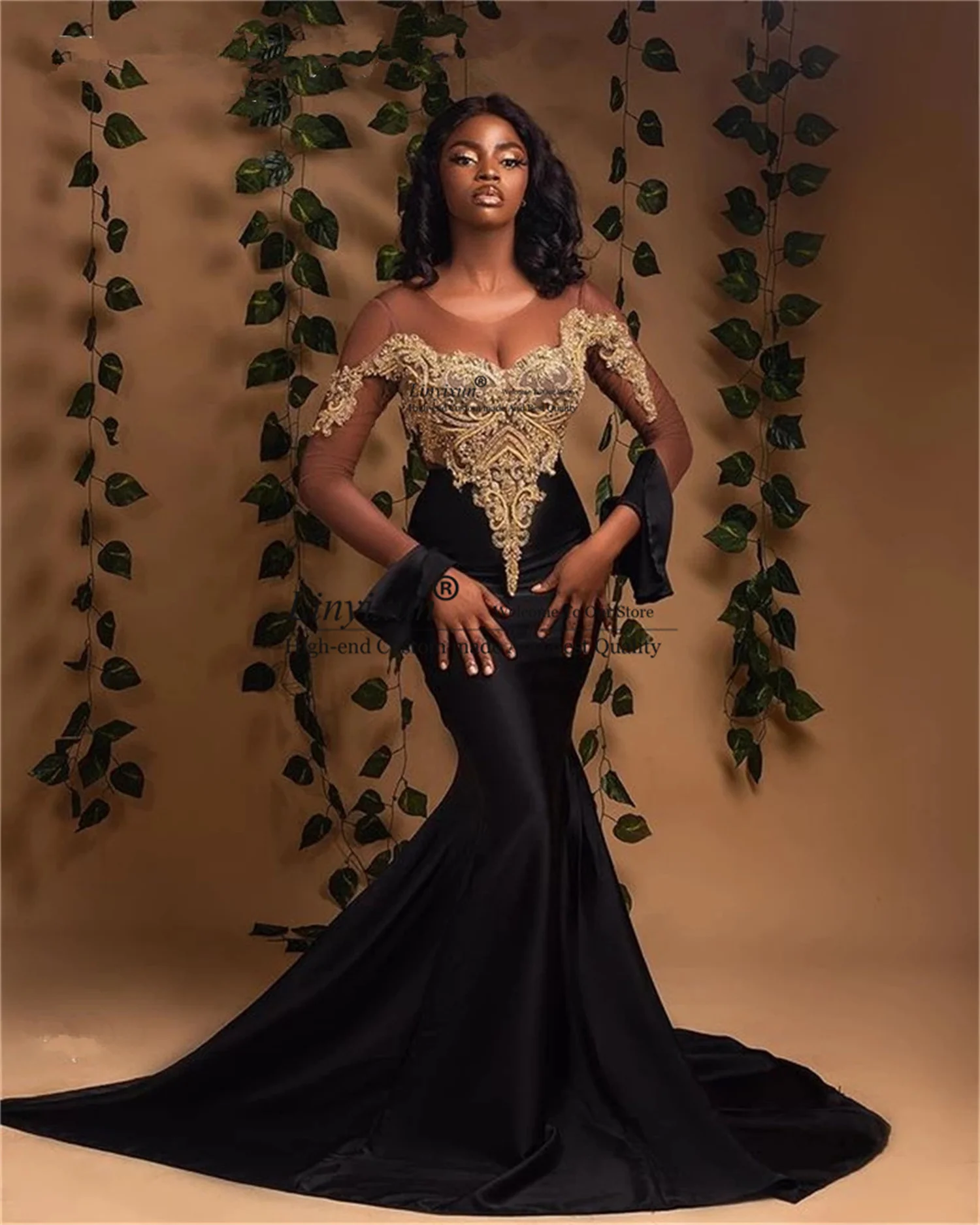 Arabic Aso Ebi Black Satin Mermaid Prom Dresses Gold Lace Sheer Neck Formal Evening Party Gown Second Plus Size Reception Gowns