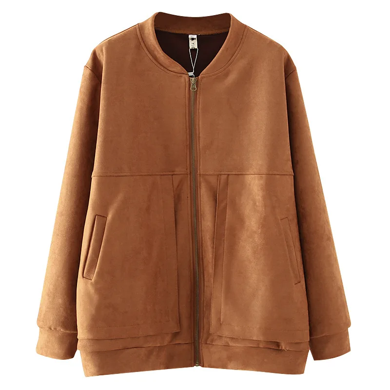 

New 2020 ladies autumn winter plus size jacket for women large loose long sleeve brown pocket suede zipper coat 3XL 4XL 5XL 6XL