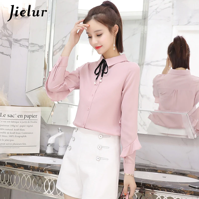 Jielur Lace Up Bow Tie Autumn Women Chiffon Blouse Ruffles Patchwork White Shirt Leisure Long Sleeve Pink Ladies Blusas Tops XXL | Женская