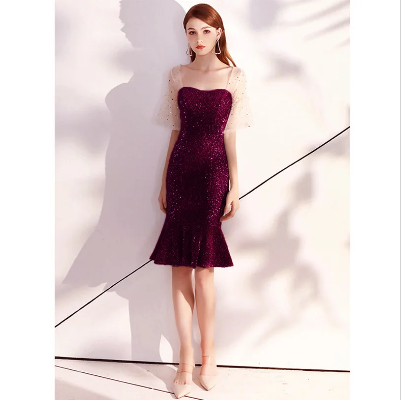 wine red Новые короткие коктейльные платья с пайетками в стиле русалки, элегантные коктейльные платья длиной до колена с милым вырезом и короткими рукавами sukienka koktajlowa robe Cocktail vestido - Цвет: wine red