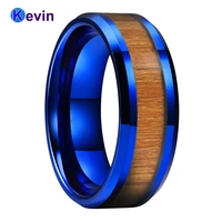 blue tungsten carbide wedding ring for men women with yellow peach trees wood inlay 8mm comfort fit