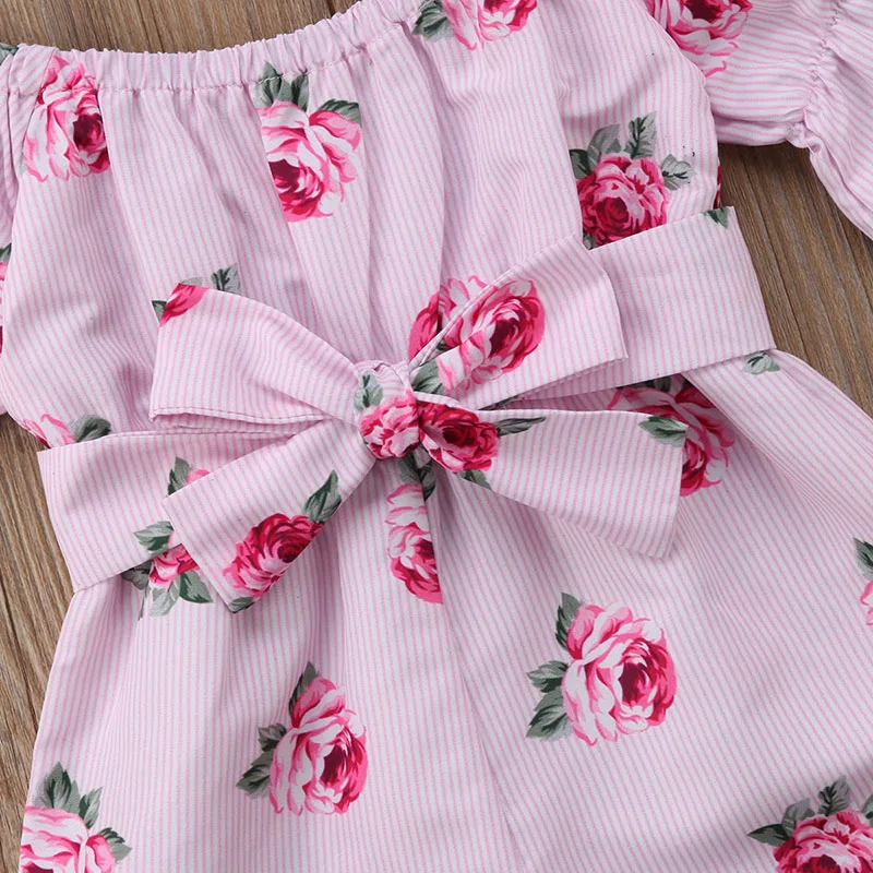 

2021 Brand New Princess Baby Girl Floral Romper Off Shoulder Flare Sleeve Bow Striped Jumpsuit Playsuit Outfit Sunsuit Clothes