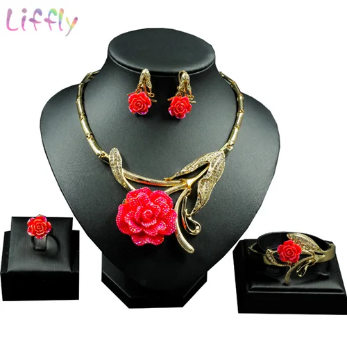 red jewelry sets Горячая мода Италия Дубай красная Желтая роза кулон ожерелье серьги кольцо Роскошные женские наборы ювелирных изделий с кристаллами очаровательный свадебный аксессуар - Окраска металла: red jewelry sets