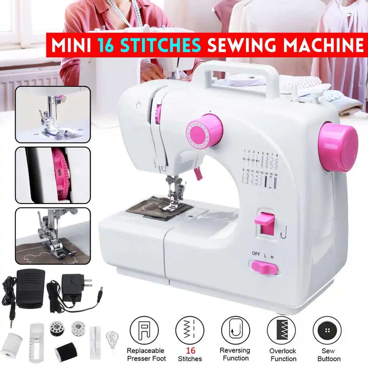 

Электрическая швейная машинка, портативная Бытовая компактная автоматическая двухскоростная Педальная швейная машинка с 16 стежками и дво...