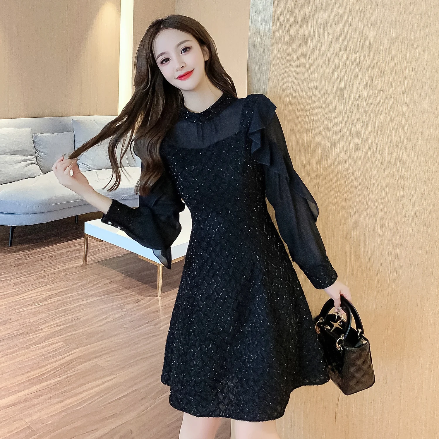 

Black Hepburn Style Socialite Temperament Waist-Controlled Slimming Mesh Long Sleeve A- Line plus Size Bottoming Dress 2021