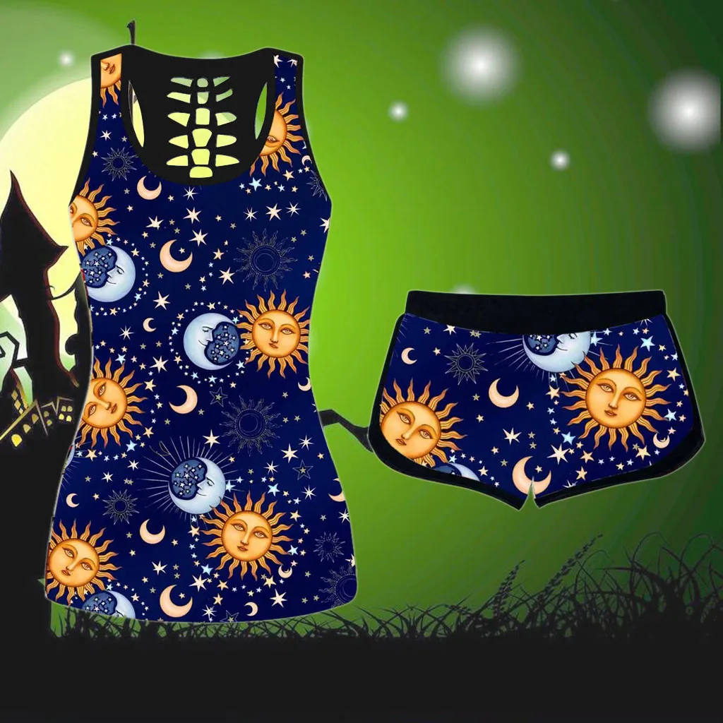 

Funny Skull Punk T Shirt Women Fashion Casual Halloween Printing Sleeveless Sun Flowers Tshirts Femme Tops Shorts Set Mujer 2020