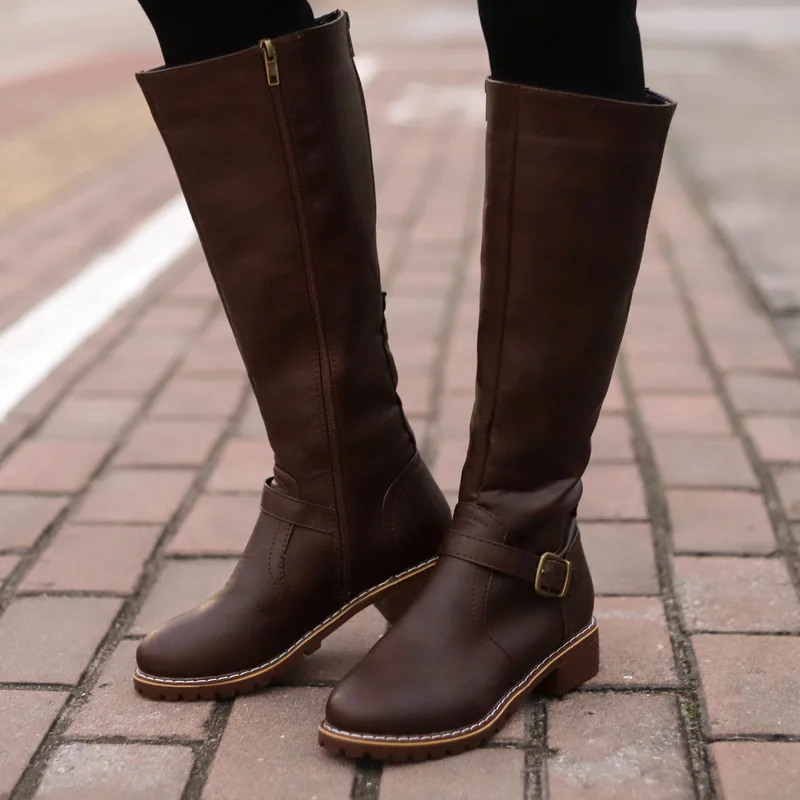 Autumn Women High Boots Fashion Low Heels Square Platform Long Boots Brown Black Leather Zip Winter Women Warm Shoes Booties