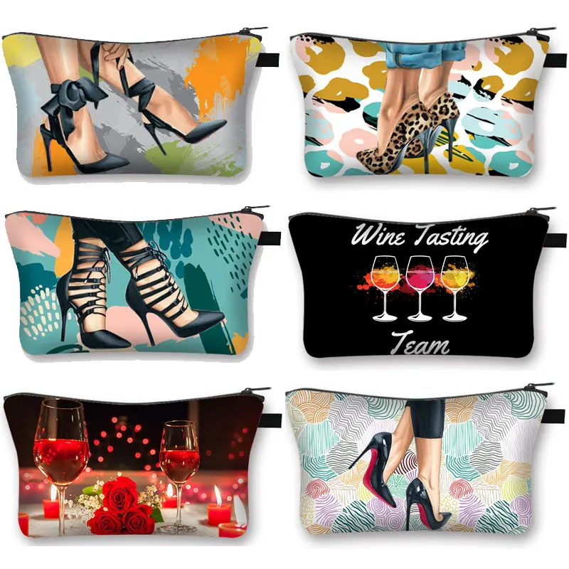 

Interesting High-heeled Shoes Print Makeup Case Red Wine Logo Ladies Cosmetic Bag Women Portable Lipstick Bags Travel Essentials