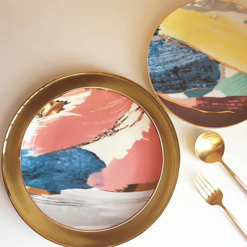 

8/10inch Creative Abstract Cloud Are Pattern Plates Ceramic Gold Round Dinner Plates Steak Breakfast Cake Fruits Dish Tableware