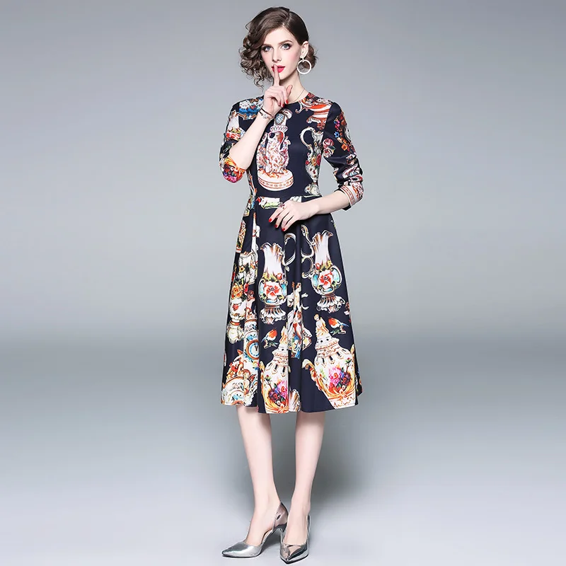 2019 дизайнерское подиумное платье с длинным рукавом круглым вырезом цветочной