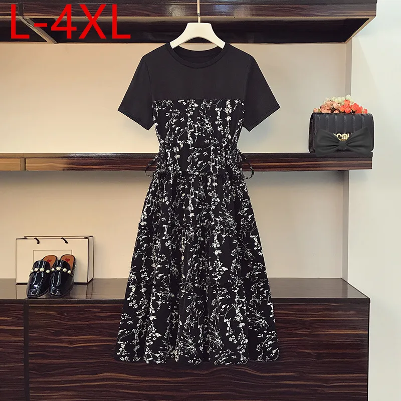 

Fit Weight 50-100KG Plus Size Dresses For Women 2021 Summer O-Neck Floral Printed Fake Two Piece Lace Up Dress L XL 2XL 3XL 4XL