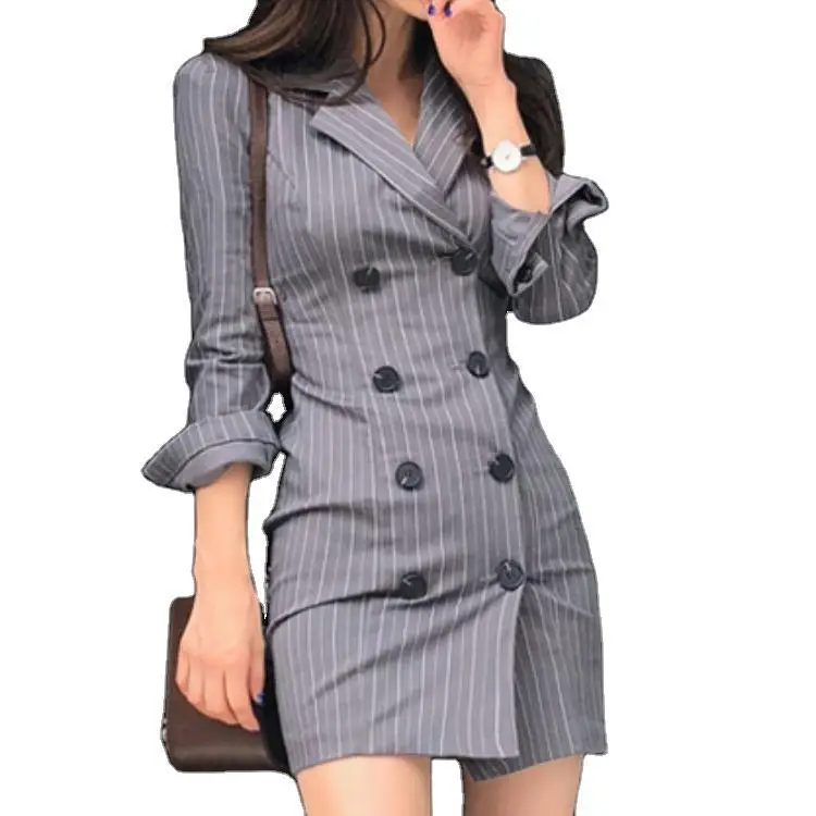 

VOOCIEC 2020 Autumn Korean fashion Elegant temperament Commuter style slim stripe dress Suit dress