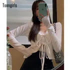 Пикантный винтажный Топ Tonngirls Y2k, трикотажный топ с V-образным вырезом, женский летний осенний белый кардиган на шнуровке, тонкий кардиган с длинным рукавом, вязаный