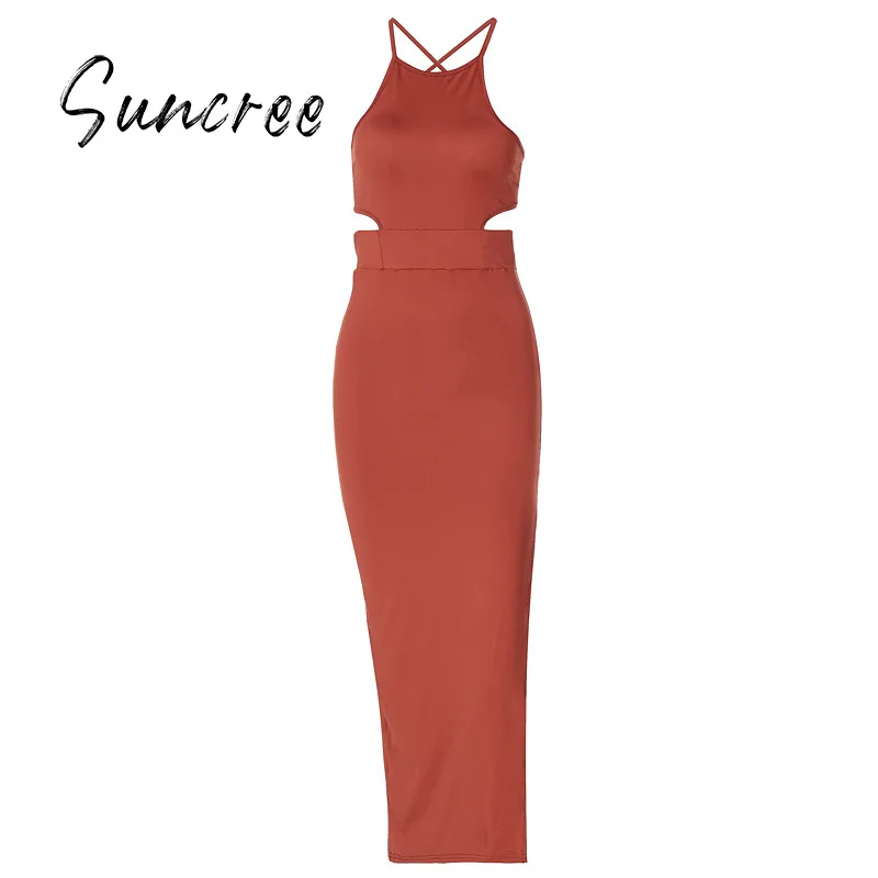

SUNCREE Sexy Backless Bodycon Long Dress Women Black Halter Summer Dress Woman Bandage Club Evening Party Dresses for Women 2021
